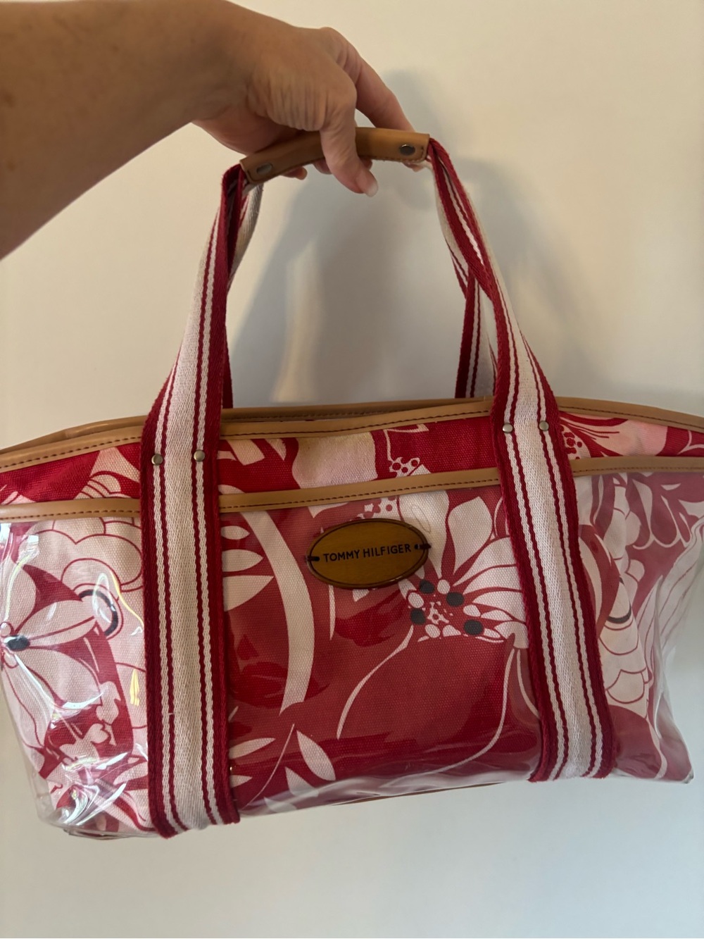 Rare Vintage 02 Tommy Hilfiger Red and White Foral Clear Tote/ Beach Bag
